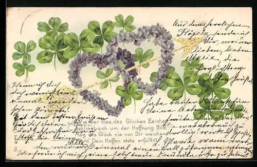 Präge-AK Von einem Pfeil durchbohrte Herzen aus Veilchen