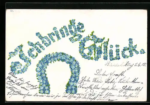 AK Ich bringe Glück, Hufeisen aus Vergissmeinnicht