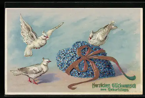 Präge-AK Weisse Tauben und Herz aus Vergissmeinnicht