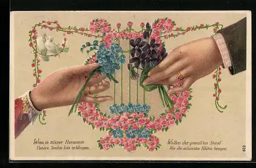 Präge-AK Hände eines Paares mit Sträusschen vor Lyra aus Blumen
