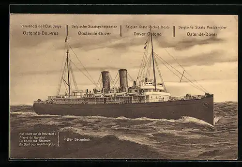 AK Pieter Deconinck, belgischer Staats-Postdampfer von Ostende nach Dover
