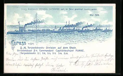 Lithographie SM Torpedoboots-Division auf dem Rhein, Mai 1900, S7, S8, S9, S18, S20