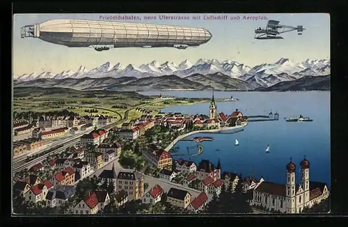 AK Friedrichshafen /Bodensee, Neue Uferstrasse mit Luftschiff und Flugzeug
