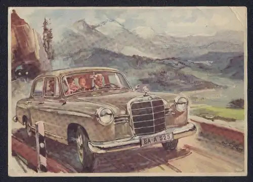 Künstler-AK Familie in Mercedes Benz 180 unterwegs im Gebirge