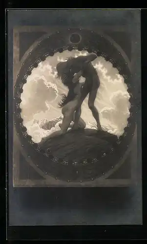 Künstler-AK Fidus: Die Erde, nacktes Liebespaar auf einem Felsen beim Kusse