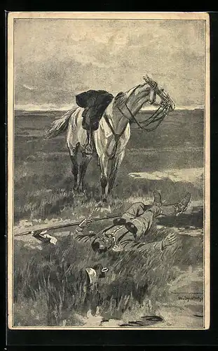 Künstler-AK Der gefallene Reiter und sein Pferd