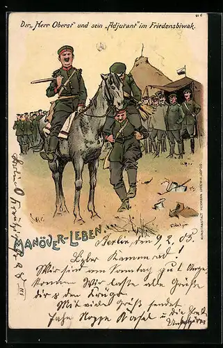 Lithographie Manöver-Leben, Herr Oberst und sein Adjutant im Friedensbiwak