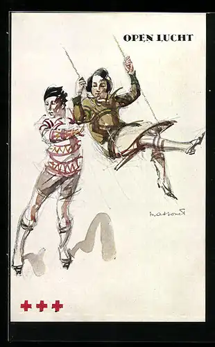 Künstler-AK Junge schubst Mädchen auf einer Schaukel an