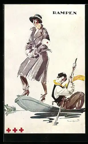 Künstler-AK Rotkreuzschwester in einem Ruderboot