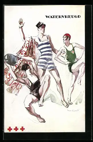 Künstler-AK Männer in Badeanzügen beim Ballspiel