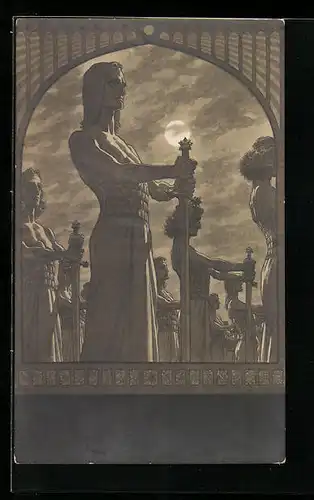 Künstler-AK Fidus: Schwertwache - Langhaarige Krieger in Aufstellung