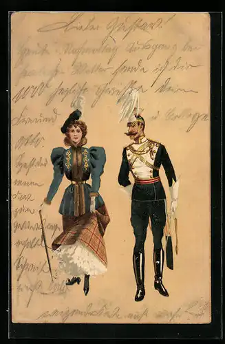 Lithographie Ulan in Paradeuniform und junge Dame, Liebespaar