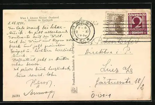 AK Wien, Johann Strauss-Denkmal v. Hellmer im Stadtpark