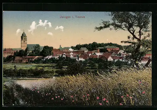 AK Usingen i. Taunus, Ortspartie mit Kirche