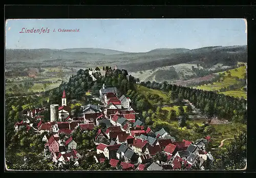 AK Lindenfels i. Odenwald, Ortsansicht aus der Vogelschau mit Schloss und Kirche