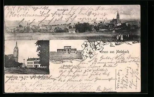 AK Medebach, Bahnhof, Ortsansicht, Marktplatz mit Kriegerdenkmal