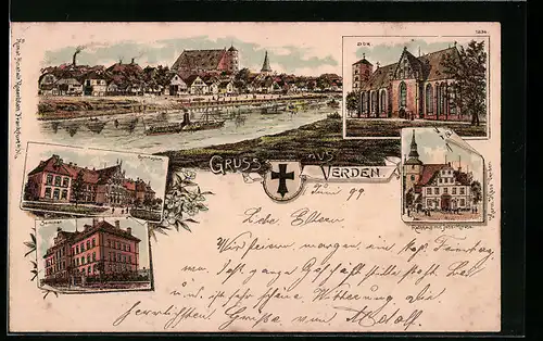 Lithographie Verden /Aller, Ortsansicht mit Aller, Dom, Gymnasium, Wappen