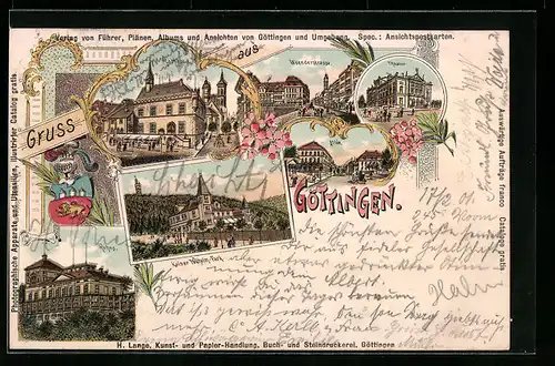 Lithographie Göttingen, Villa Rohns, Kaiser Wilhelm-Park, Weenderstrasse und Theater