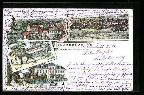 Lithographie Langebrück i. S., Hotel zur Post, Kurbad, Ortsansicht