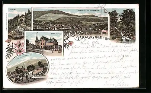 Lithographie Braunlage i. Harz, Berg Hotel, Ortsansicht, Wasserfall, Strasse