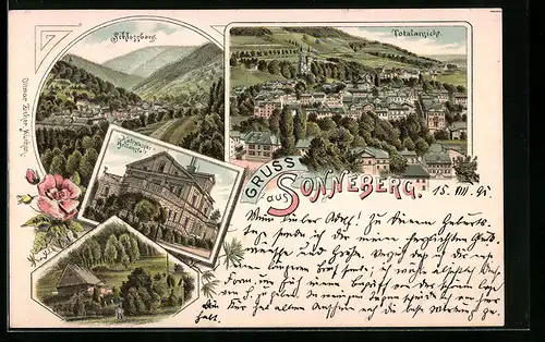 Lithographie Sonneberg, Kaltwasser-Heilanstalt, Schlossberg, Ortsansicht