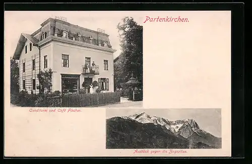 AK Partenkirchen, Konditorei und Cafe Fischer, Ausblick gegen die Zugspitze