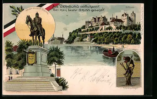 Lithographie Bernburg, Panorama mit Schloss, Bärenzwinger, Kaiser Wilhelm-Denkmal