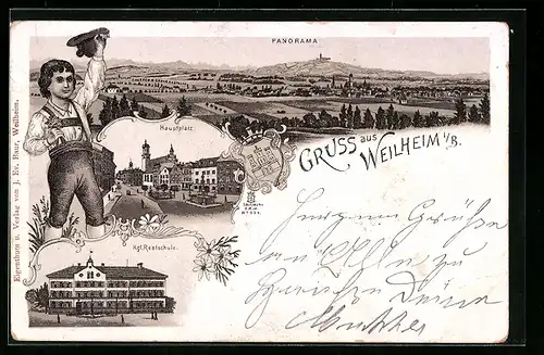 Lithographie Weilheim i. B., Kgl. Realschule, Hauptplatz, Panorama