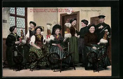 AK Thüringen, Frauen am Spinnrad in thüringischer Tracht