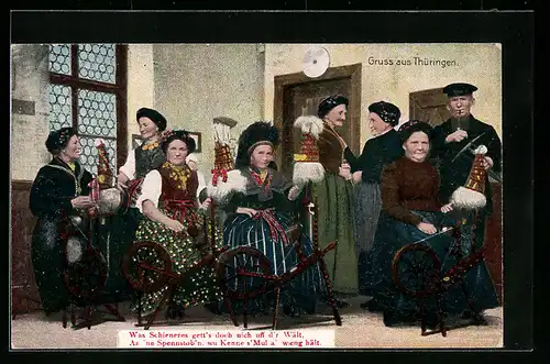 AK Thüringen, Frauen am Spinnrad in thüringischer Tracht