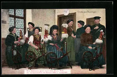 AK Thüringen, Damen am Spinnrad in thüringischer Tracht
