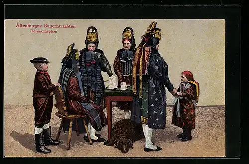 AK Altenburger Bauerntrachten, Hormedjungfern, Familie am Tisch