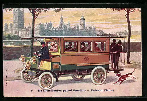 Künstler-AK Puteaux, Omnibus à pétrole de Dion-Bouton