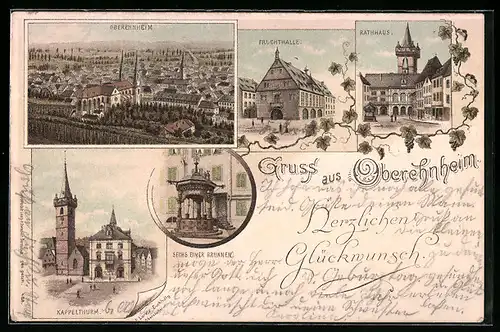 Lithographie Oberehnheim, Fruchthalle, Sechs Eimer Brunnen, Kappelthurm