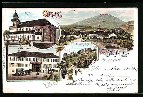 Lithographie St. Pilt, Restaurant zur Krone, Hohkönigsburg, Kirche