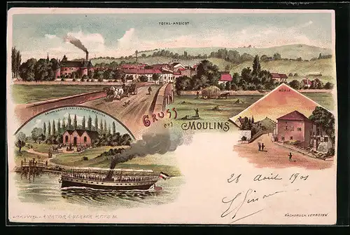 Lithographie Moulins, Dampfschiff-Haltestelle, Mühle, Ortsansicht