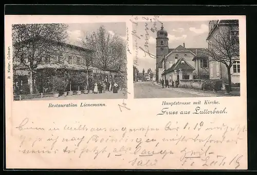 AK Lutterbach, Restaurant Lienemann, Hauptstrasse mit Kirche