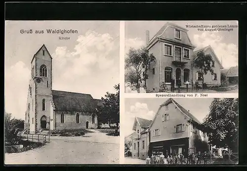 AK Waldighofen, Kirche, Spezereihandlung von F. Noei, Gasthaus zum goldenen Lamm