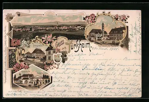 Lithographie Türkheim, Amtsgebäude, Marienplatz mit Pfarrkirche, Klosterkirche, Lorettokapelle