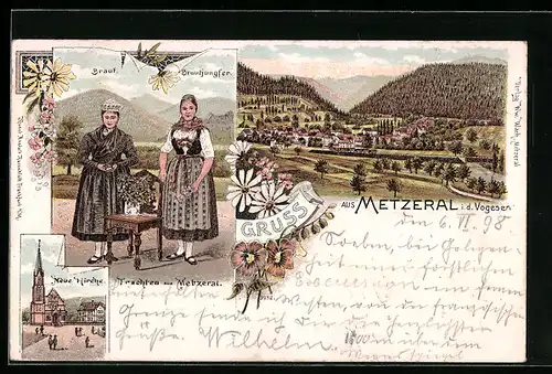 Lithographie Metzeral, Neue Kirche, Braut und Brautjungfer in Tracht