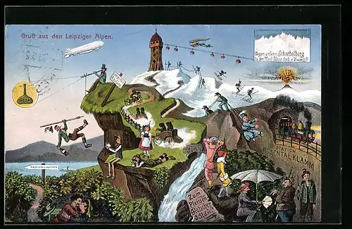 Künstler-AK Leipzig, Leipziger Alpen, Scherbelberg, Zeppelin, Station Rosentalklamm