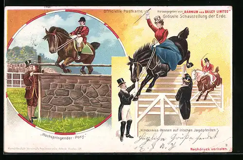 Lithographie Grösste Schaustellung der Erde, Hochspringendes Pony und Hinderniss-Rennen, Zirkus
