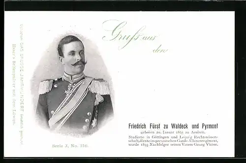 AK Porträt des Fürsten Friedrich zu Waldeck und Pyrmont