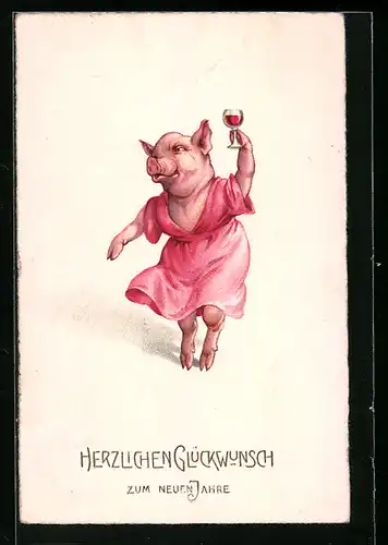 Künstler-AK Schwein im rosa Kleid, Neujahrsgruss, vermenschlichte Tiere