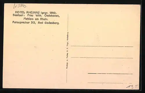 AK Mehlem am Rhein, Hotel Rheinau von Frau Wilh. Oedekoven