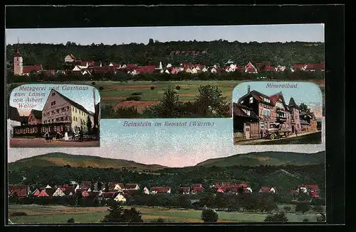 AK Beinstein im Remstal /Württ., Metzgerei und Gasthaus zum Lamm, Mineralbad, Ortsansicht