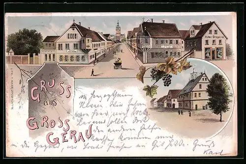 Lithographie Gross Gerau, Ortspartie mit Gasthof zur Krone und zum Adler, Rathaus