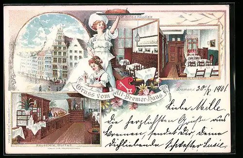 Lithographie Bremen, Hotel Alt-Bremer-Haus, Innenansichten hintere Hausdiele und Hausdiele Buffet