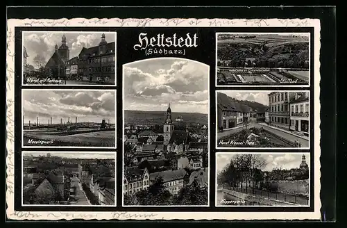 AK Hettstedt /Südharz, Messingwerk, Stadtbad, Markt mit Rathaus