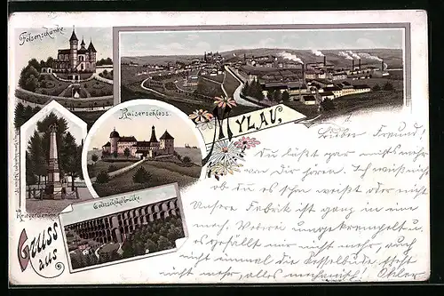 Lithographie Mylau, Gasthaus Felsenschänke, Kaiserschloss, Goltzschthalbrücke